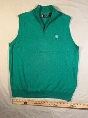 Chaps Men's Large Quarter Zip Sweater Vest Green 100% Cotton Embroidered Crest
